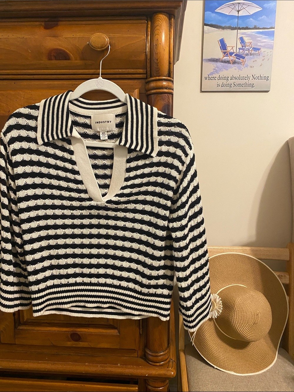 INDUSTRY Black & White Striped V-Neck Polo Sweater
